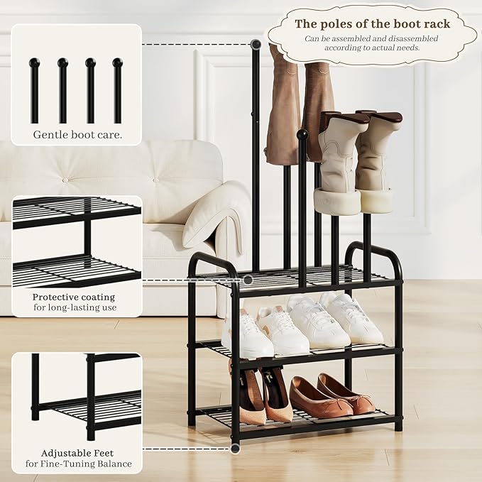 Kitsanery Shoe Rack - 3-Tier Metal Boot Rack Organizer for Entryway, Closet & Garage, Free Standing Shoe Shelf for Storage Tall Boots, Sneakers, Cowboy Boots, Black (Small - 4 Pairs)