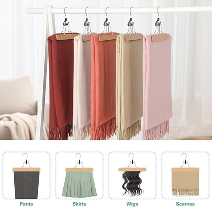 TOPIA HANGER 12 Pack Wooden Pants Hangers, Hair Extension Hangers Non Slip Skirt Hanger Wood Clamp with Velvet Padded 360° Swivel Hook for Jeans, Skirts, Trousers, Wigs Natural CT67N