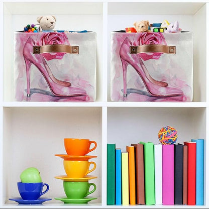 Large Storage Basket High Heel Pink Rose Storage Bin Cube Canvas Fabric Organizer Handles Collapsible for Clothes Toys Bedroom Decorative