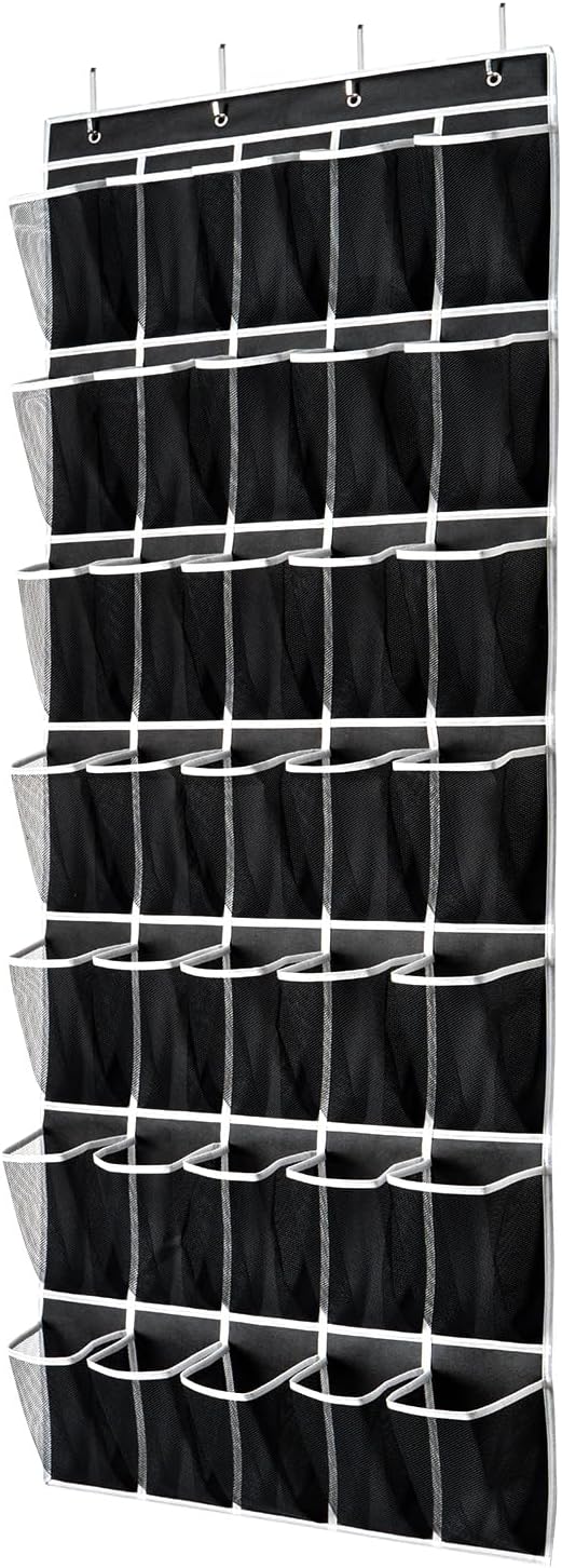 SAVERHO 35 Pockets Over the Door Shoe Organizer, Hanging Shoe Organizer for Door with 35 Mesh Pockets Large Capacity Shoe Hanging Storage Bag with 4 Metal Hooks (Black-1Pack)