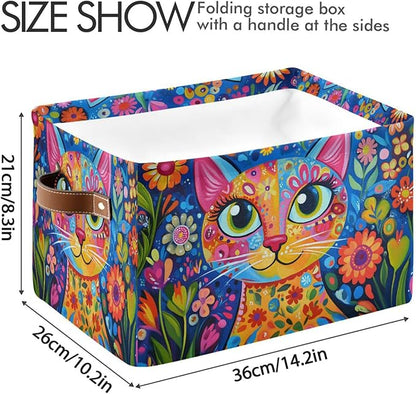 Large Storage Basket Colorful Cat Whimsical Style Storage Bin Cube Canvas Fabric Organizer Handles Collapsible for Clothes Toys Bedroom Decorative