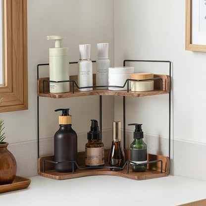2-Tier Bathroom Counter Organizer, Wooden Corner Shelf for Vanity Countertop Skincare & Makeup, Storage and Organization for Kitchen