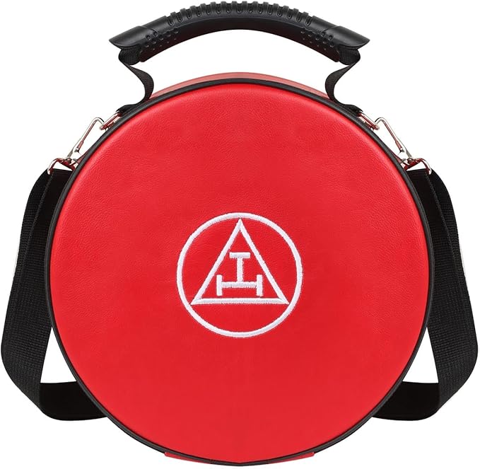 Masonic Royal Arch Chapter Crown Cap Case – Foldable 9”x9” Red Faux Leather Hat Box with Embroidered Triple Tau Emblem & Adjustable Shoulder Strap – Lightweight & Travel-Friendly