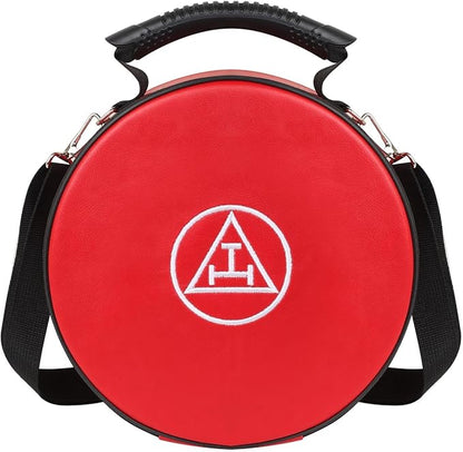 Masonic Royal Arch Chapter Crown Cap Case – Foldable 9”x9” Red Faux Leather Hat Box with Embroidered Triple Tau Emblem & Adjustable Shoulder Strap – Lightweight & Travel-Friendly