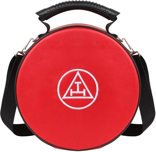 Masonic Royal Arch Chapter Crown Cap Case – Foldable 9”x9” Red Faux Leather Hat Box with Embroidered Triple Tau Emblem & Adjustable Shoulder Strap – Lightweight & Travel-Friendly