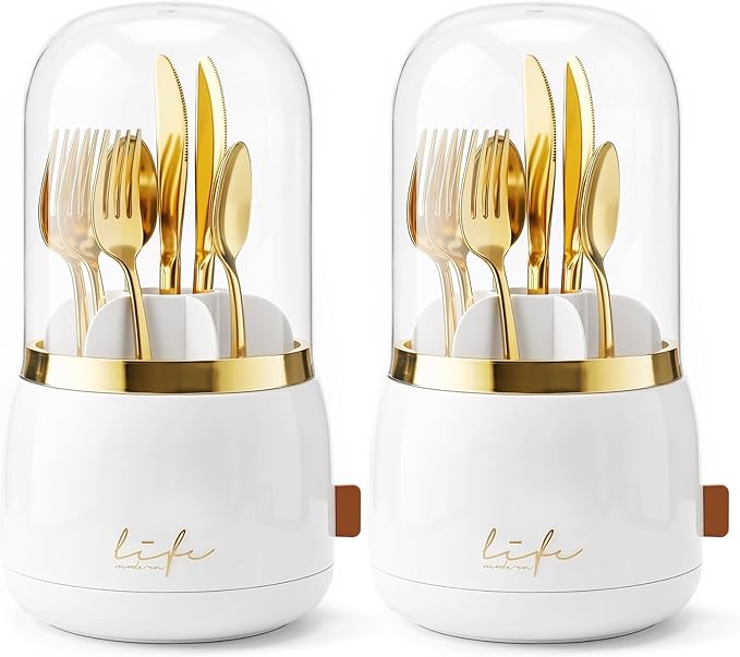 2PC 360° Utensil Holder Silverware Organizer with Lid, Kitchen Countertop Flatware Organizer and Countertop Storage(Fits Max 8.7" Utensils) ,Forks, Spoons Organizer ,for RV, Party, Coffee Bar，picnic