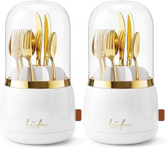 2PC 360° Utensil Holder Silverware Organizer with Lid, Kitchen Countertop Flatware Organizer and Countertop Storage(Fits Max 8.7" Utensils) ,Forks, Spoons Organizer ,for RV, Party, Coffee Bar，picnic