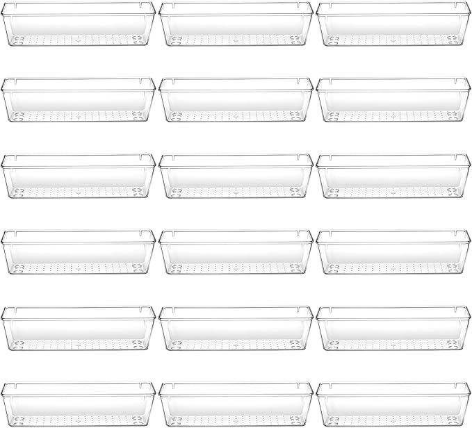 18 Pcs Clear Plastic Drawer Organizer 9 x 3 x 2 Inches Kitchen Bathroom Fridge Utensil Vanity Drawer Organizers Tray Makeup Storage Organizer Drawers Trays for Organization Office