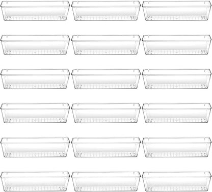 18 Pcs Clear Plastic Drawer Organizer 9 x 3 x 2 Inches Kitchen Bathroom Fridge Utensil Vanity Drawer Organizers Tray Makeup Storage Organizer Drawers Trays for Organization Office