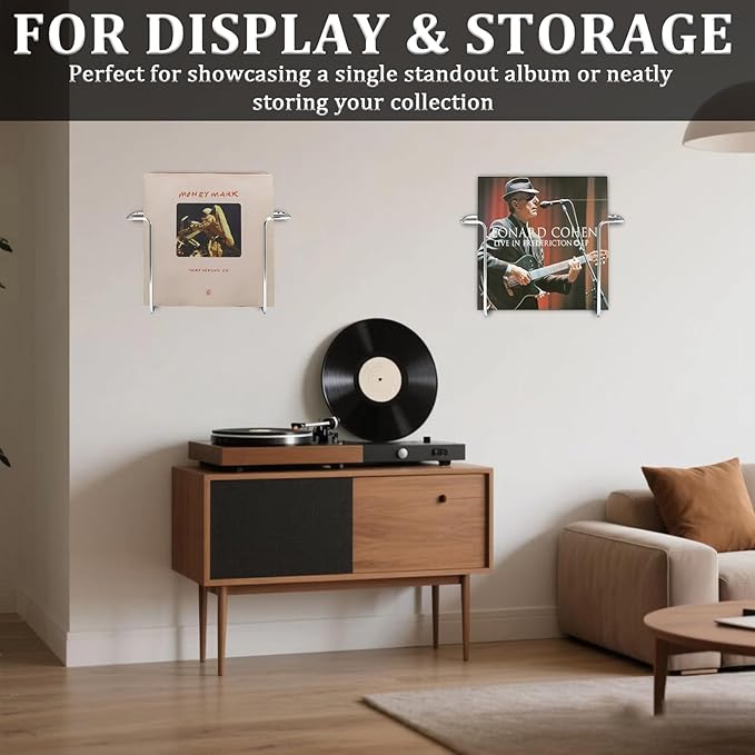 2 Pcs Vinyl Wall Mount Holder, Metal Vinyl Record Wall Mount Shelf, Matte Black Floating LP Display Rack, Minimalist Steel Album Holder, Storage for LPs & Album Covers silver