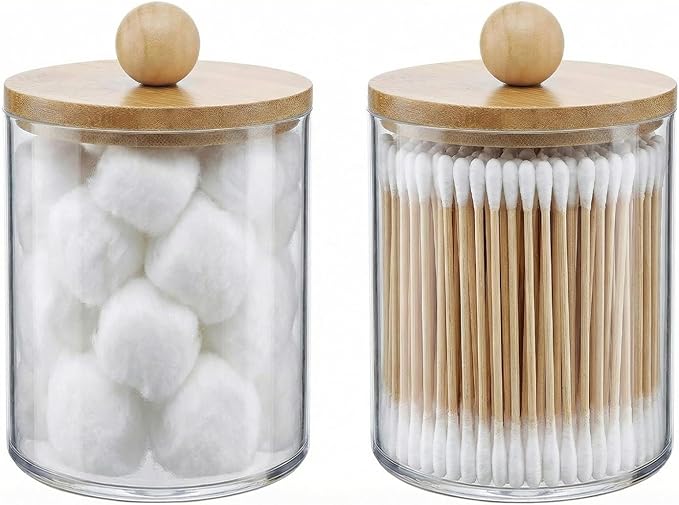 novelinks Acrylic Plastic Qtip Holder Dispenser, Apothecary Jar Canister Set with Lids for Cotton Swabs, Balls, Round Pads & Floss Picks - Bathroom Vanity Makeup Organizer (Beige, 2 Pack)