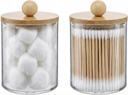 novelinks Acrylic Plastic Qtip Holder Dispenser, Apothecary Jar Canister Set with Lids for Cotton Swabs, Balls, Round Pads & Floss Picks - Bathroom Vanity Makeup Organizer (Beige, 2 Pack)