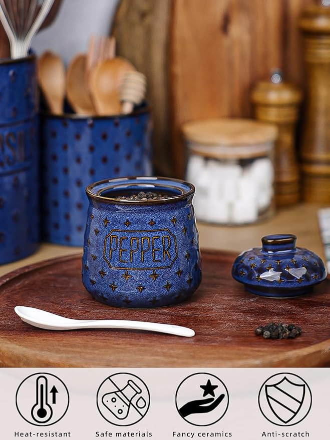 Salt & Pepper Bowl with Lid and Spoon, 10 OZ Ceramic Spices Cellar for Kitchen Counter top, Farmhouse Kitchen Decor (Vintage Blue, 4.3" Label Pepper)