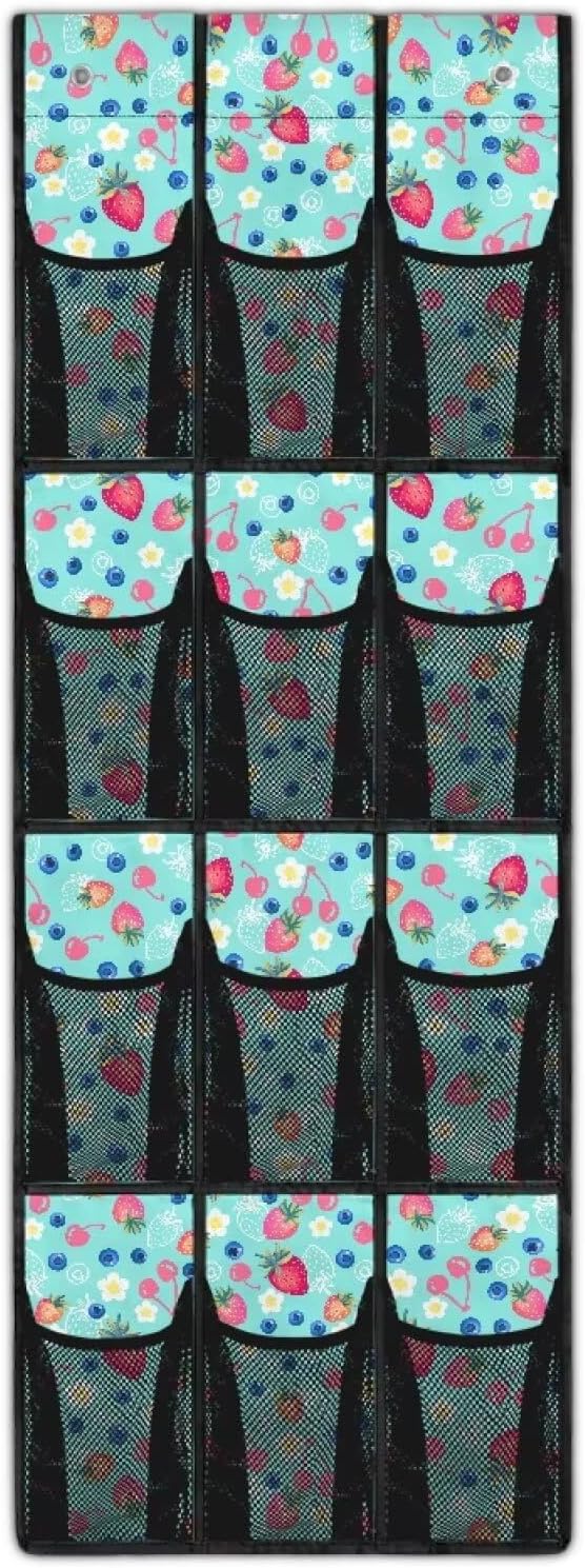 Over the Door Shoe Organizer 12 Large Pockets Strawberry Blueberry Hanging Shoe Organizer for Closet Sturdy Oxford Fabric Shoe Hanger