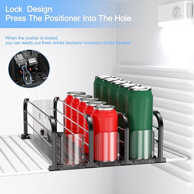 Automatic Drink Organizer for Fridge, Refrigerator Soda Can Dispenser & Beverage Pusher Glide for Pantry, Cooler & Kitchen, Self-Pushing Drink Holder for Soda, Beer, Seltzer - Black, 3 Rows-15"D
