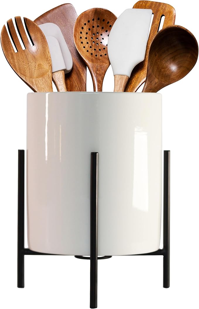 8.8" Black White Utensil Holder,Ceramic Kitchen Utensil Holder for Countertop, Large Cooking Utensil Crocks for Kitchen Counter, Morden Utensil Organizer for Spatula