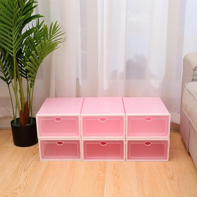 Holibanna 6pcs Thickened Stackable Shoe Boxes with White Frame Pink Plastic Shoe Storage Containers for Men’s Closet Organization