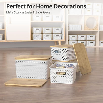Plastic Storage Bins with Bamboo Lids, Stackable Small Box Baskets for Organizing and Containers for Shelves Drawers Desktop Closet Pantry Classroom Office Home, 6 Pack 10.2x7.2x4.1 Inch, White