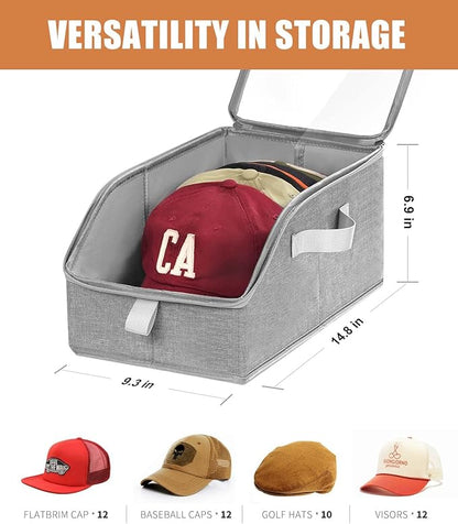 Livelab Hat Organizer for Baseball Caps, Hat Storage Holder Container for Closet Hold Up to 24 Caps with Clear Window, Hat Boxes for Home Storage | 2Pcs Grey