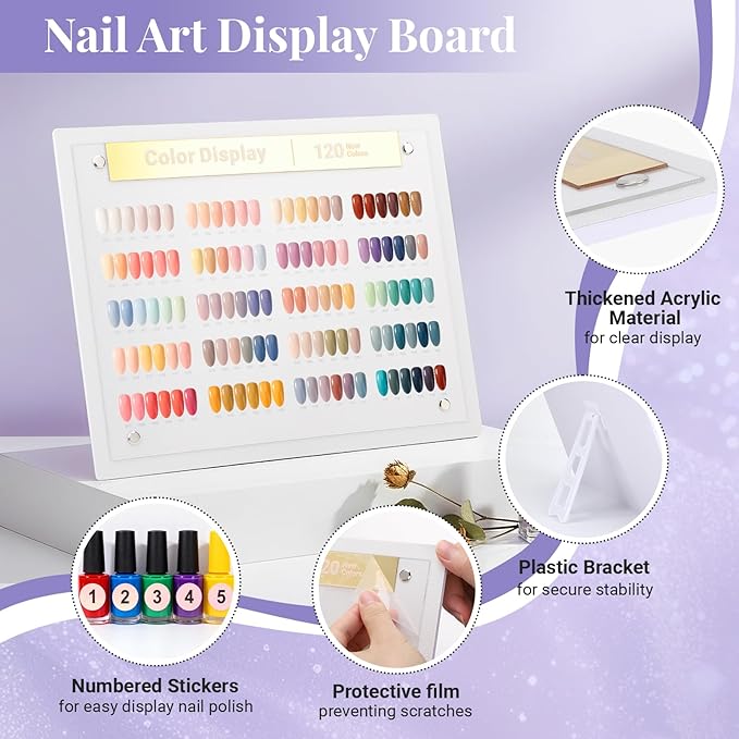 Segbeauty 120 Colors Nail Art Display Board with Accessories, Acrylic Rack Colors Showing Shelf for Nail Sample Display Practice, Nails Stand with False Tips Double Sided Tape Tweezers Number Stickers