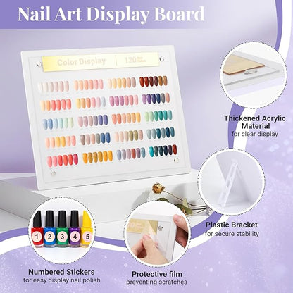 Segbeauty 120 Colors Nail Art Display Board with Accessories, Acrylic Rack Colors Showing Shelf for Nail Sample Display Practice, Nails Stand with False Tips Double Sided Tape Tweezers Number Stickers