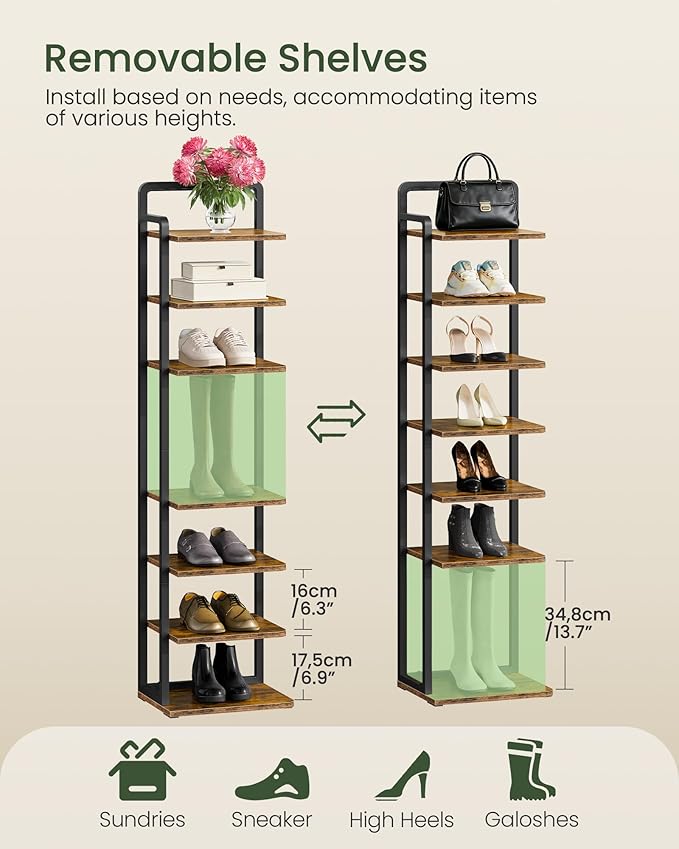 CHOEZON 8-Tier Vertical Shoe Rack, Narrow Shoe Tower, Corner Shoe Storage Organizer, Shoe Shelf, for Small Spaces, Industrial Style, for Entryway, Hallway, Living Room, Rustic Brown and Black TXJ08BF