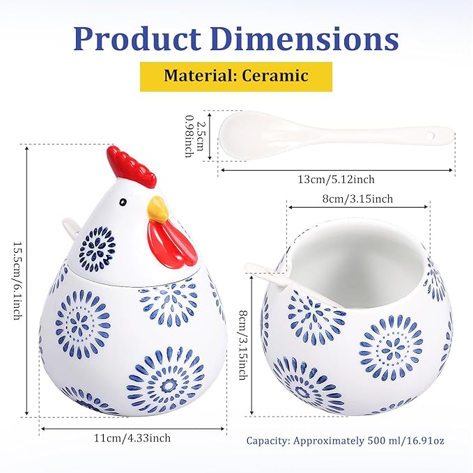 Ceramic Salt Cellar with Lid and Spoon,17oz Large Chicken Rooster Cookie Jar Salt Containers Holder for Countertop Spices,Cute Farmhouse Kitchen Decor,Spice Jar for Coffee,Sugar,Spices,Candies (#D)