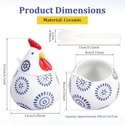 Ceramic Salt Cellar with Lid and Spoon,17oz Large Chicken Rooster Cookie Jar Salt Containers Holder for Countertop Spices,Cute Farmhouse Kitchen Decor,Spice Jar for Coffee,Sugar,Spices,Candies (#D)
