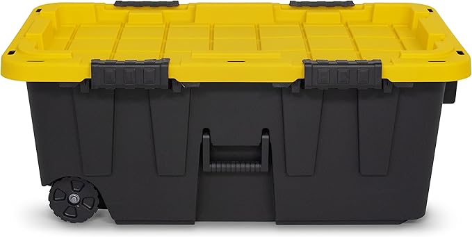 CX BLACK & YELLOW, 20-Gallon Heavy Duty Tough Storage Footlocker & Snap-Tight Lid, (13.4H x 18.2W x 32.3D), Weather-Resistant Design and Stackable Organization Tote [2 Pack]