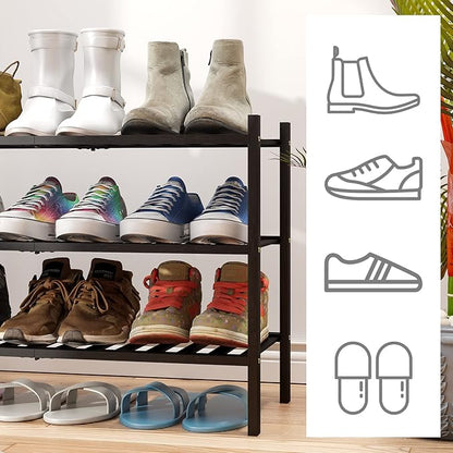 viewcare 3-Tier Black Bamboo Shoe Rack for Entryway, Stackable | Foldable | Natural, Shoe Shelf Storage Organizer for Hallway Closet, Free Standing Shoe Racks for Indoor Outdoor