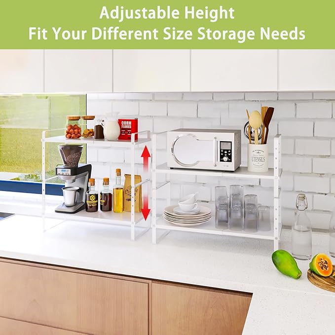 Across-Star Expandable Cabinet Shelf Organizer Rack, Stackable Kitchen Counter Storage Shelves Stand, Adjustable Height Pantry Shelf Spice Rack