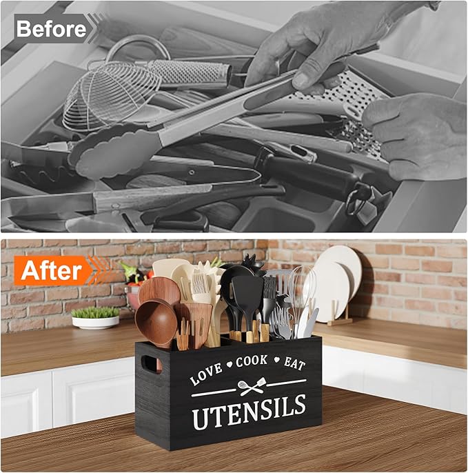 Extra Large Utensil Holder for Kitchen Counter with 4 Compartments, Kitchen Cooking Utensils Holder for Countertop,Black Wooden Utensil Caddy for Farmhouse Spatula,Cutlery,Wood Wall Mounted Organizer