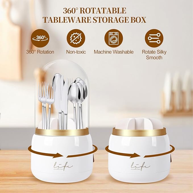 360° Rotating Silverware Utensil Holder for Kitchen Counter, Spoon and Fork Holder with Cover, Cooking Utensil Organizer with 7 Slots and Intermediate Drainage Device for Kitchen Decor(White)