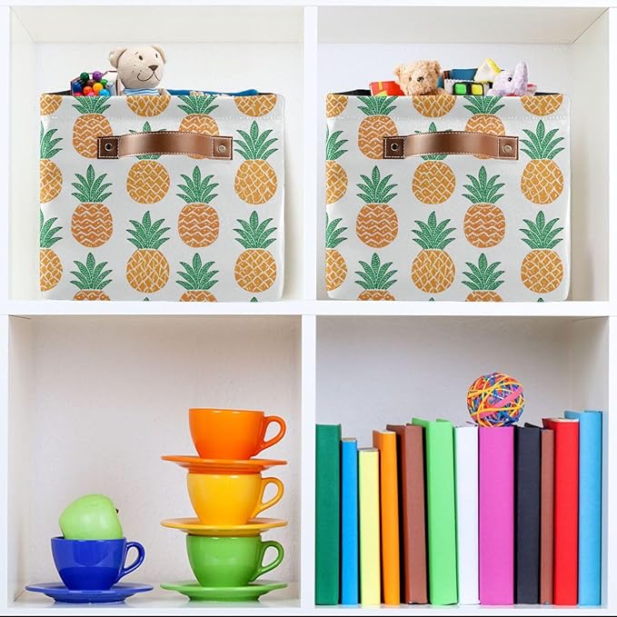 Fun Pineapple Storage Basket Bin, Large Cube Storage Box Canvas Collapsible Storage Organizer for Home Office Closet, 2PCS - 15 L x 11 W x 9.5 H