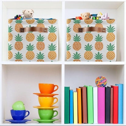 Fun Pineapple Storage Basket Bin, Large Cube Storage Box Canvas Collapsible Storage Organizer for Home Office Closet, 2PCS - 15 L x 11 W x 9.5 H