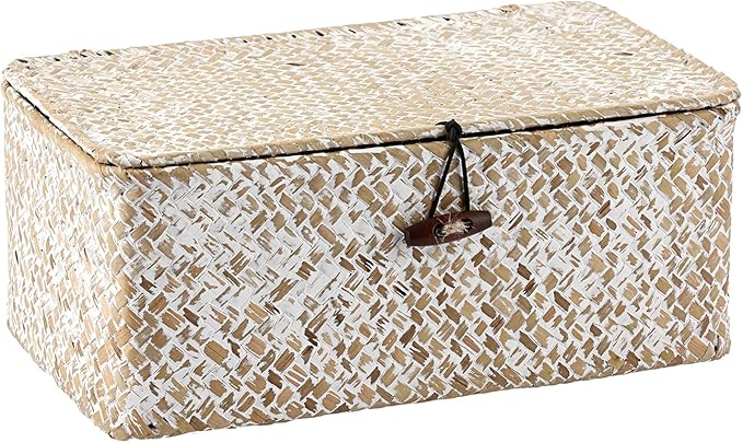 Hipiwe Wicker Shelf Baskets with Lid, Woven Seagrass Storage Basket Bin Rectangular Household Basket Boxes for Shelf Home Organizer and Decor, Whitewash X-Small
