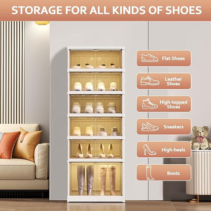 SYNCVIBE Foldable Shoe Rack Organize 6 Tier Plastic Shoe Shelf, 12 Pairs Collapsible Shoes Storage Bins, Large Folding Shoe Boxes for Closet with Doors, Stackable Storage Shoe Cabinet