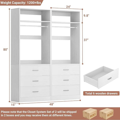 Besiost Closet System Set of 2, 4FT Closet Systems with 6 Wood Drawers, 48" Closet Organizer System with 2 Hanging Rods & 2 Shelves, Heavy Duty 48 Inch Walk-in Closet , White (48"L x 15" W x 80" H)