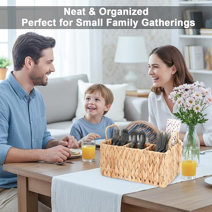 Wicker Party Silverware Caddy, Water Hyacinth Plastic Cutlery Utensil Holder, Hand Woven with Handles, Kitchen Countertop and Picnic flatware Organizer (4 compartments)