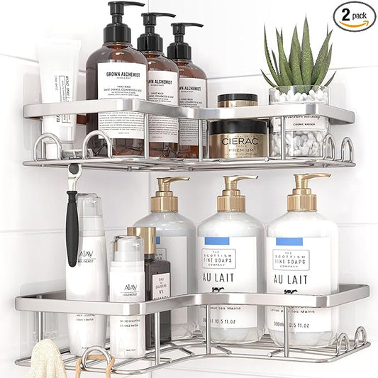 Sakugi Corner Shower Caddy - 2 Pack, Adhesive Shower Organizers, Rustproof Stainless Steel Shower Shelves with 8 Hooks, No Drilling Bathroom Organizers and Storage Racks, Space-Saving, Silver, Medium