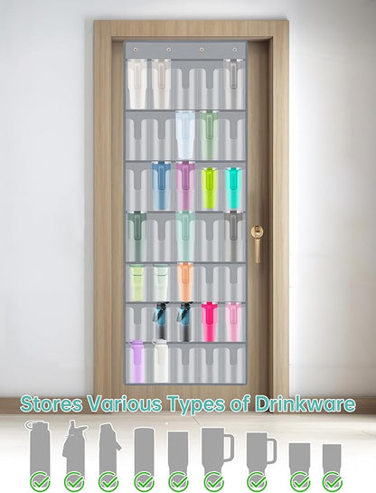 NiHome 35 Pockets Door Hanging Organizer Fit for Stanley 30oz 40oz Tumblers with Handles, Deep Clear Pockets with Handle Slots, Waterproof Oxford Fabric for Kitchen, Cabinet, Pantry, Closet (Gray)
