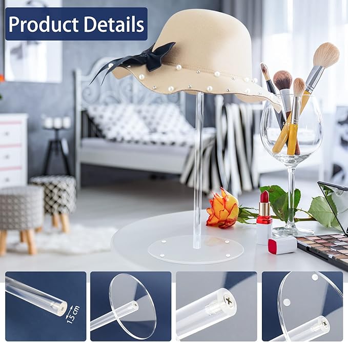 Acrylic Hat Stand and Wig Display Rack, 2pcs 17" Clear Hat Stands, Adjustable Height Hat Holder, Round Barbell Base