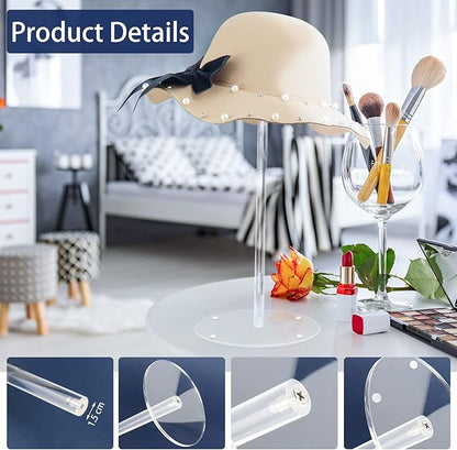 Acrylic Hat Stand and Wig Display Rack, 2pcs 17" Clear Hat Stands, Adjustable Height Hat Holder, Round Barbell Base