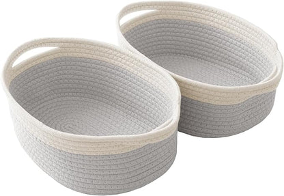 JMvicyroam Woven Basket,Small Rope Storage Bin with Handles & Ribbon Bag, Organizer for Shelves Closets,Gift Basket Empty for Birthday,Books,Dog Toys, White&Grey/2 Pack