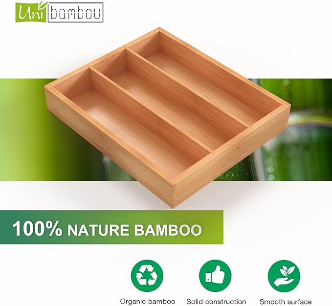 Unibambou Bamboo Utensil Drawer Organizer, Silverware Tray Organizer, Kitchen Drawer Organizer for Flatware Cutlery, (Natural, 3 Slots)