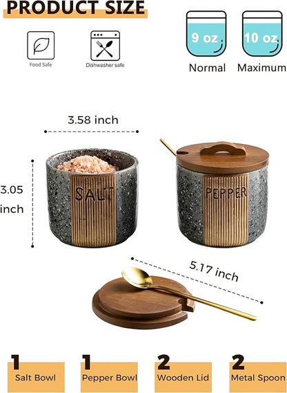 Salt and Pepper Bowl Ceramic, 10 Oz Salt Containers for Countertop Salt Cellar with Wooden Lid and Spoons, Salt and Pepper Set Marble Design, Gray