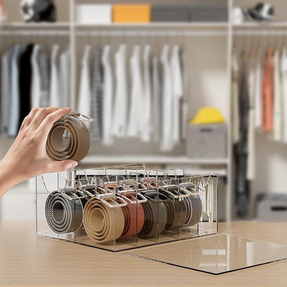 Large Acrylic Belt Organizer, Clear 10 Compartments Storage with Dust Cover, Display Holder