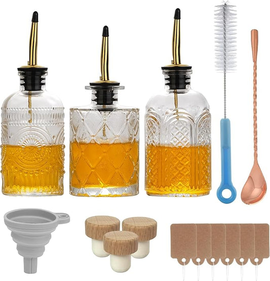 WHJY 3 Pack Small Syrup Dispenser Simple Syrup Container with Pour Spout Glass Syrup Bottles with Refilling and Cleaning Tool Set Floral Pattern Coffee Syrup Dispenser with Label Tags