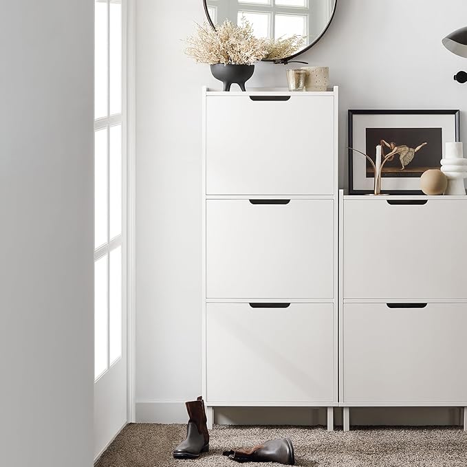 SoBuy Narrow Shoe Cabinet Entryway with 3 Flip-Drawers, Slim Freestanding Shoe Organizer, Space-Saving Hidden Shoe Storage Rack for Hallway or Closet, White FSR151-H-W
