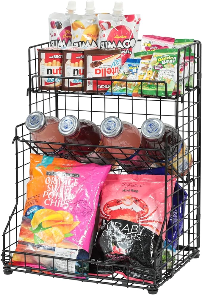 X-cosrack 3-Tier Snack Organizer Rack Bins with Adjustable Tilting Design for Pantry Storage,Metal Wire Snack Holder for Kitchen Bathroom Cabinets Countertops